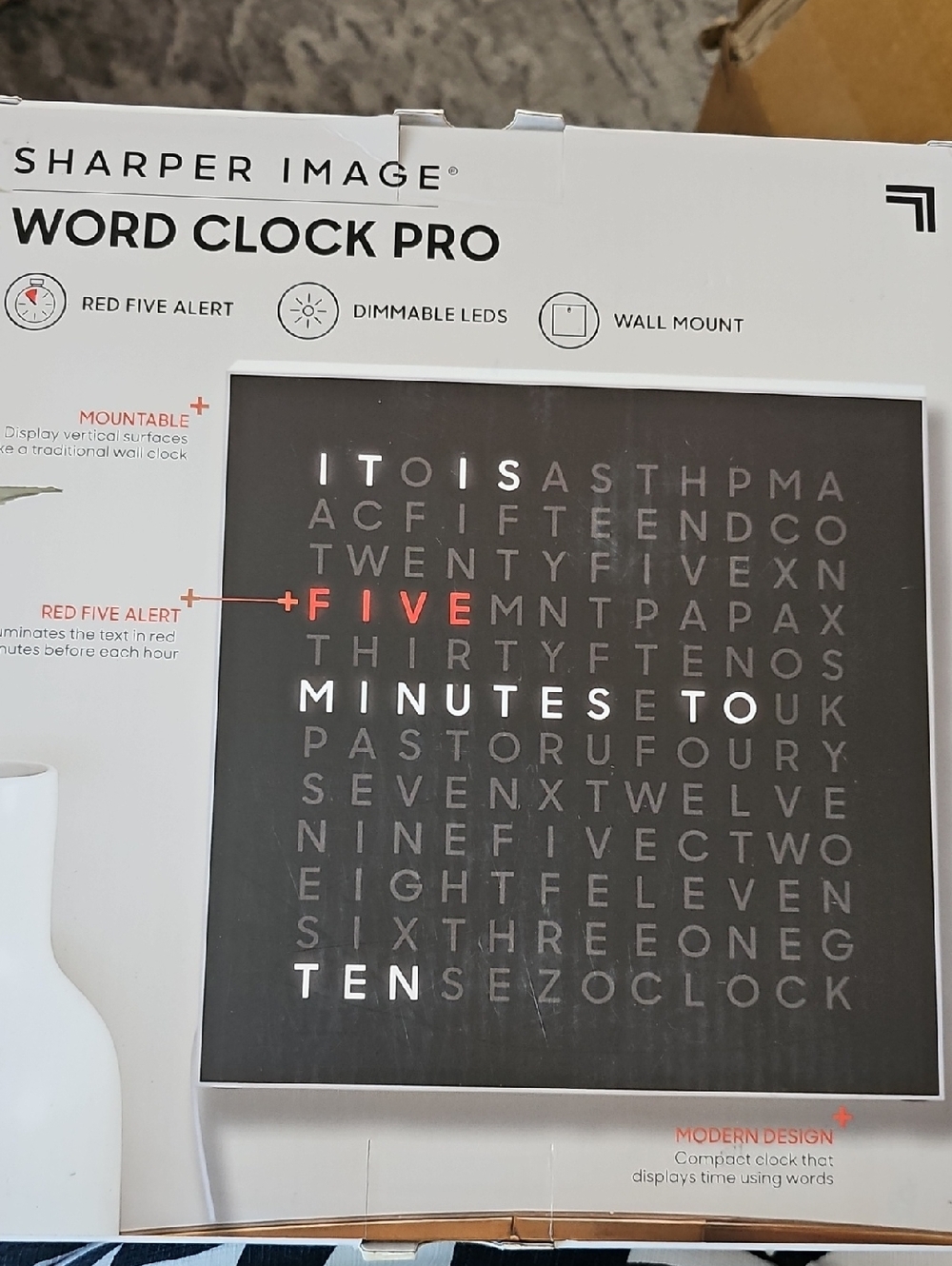 Sharper Image Word Clock Pro - Black with White and Red LEDs